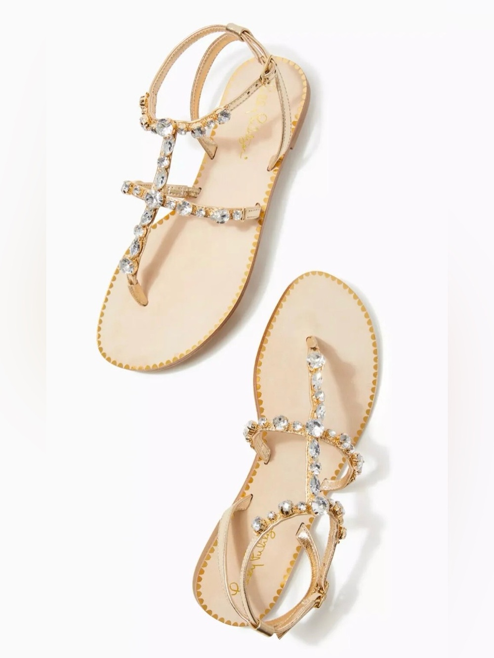 LILLY PULITZER Abbi Gold Nappa Leather Jeweled T-Strap Sandals - Women